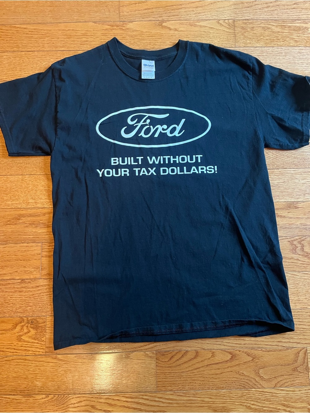 Gildan Black T-Shirt with Light Blue Ford Logo and Slogan